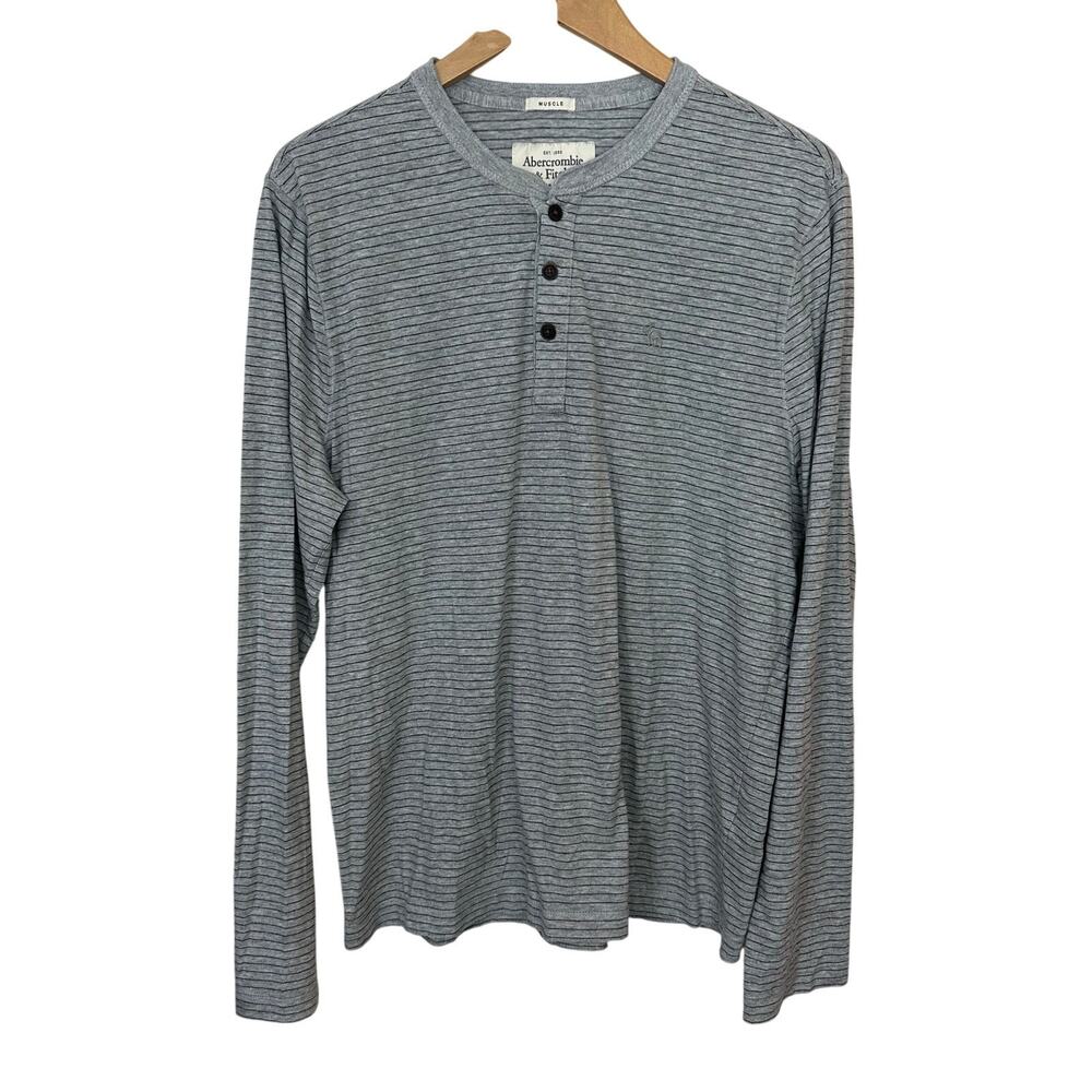 Abercrombie & Fitch Henley Shirt Mens XL Gray Striped Muscle Fit Long Sleeve